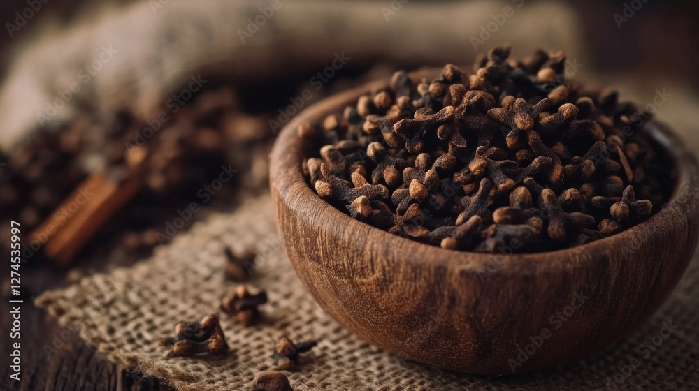 Fresh cloves in wooden bowl on burlap displaying aromatic spice texture Fresh cloves in wooden bowl on burlap displaying aromatic spice texture