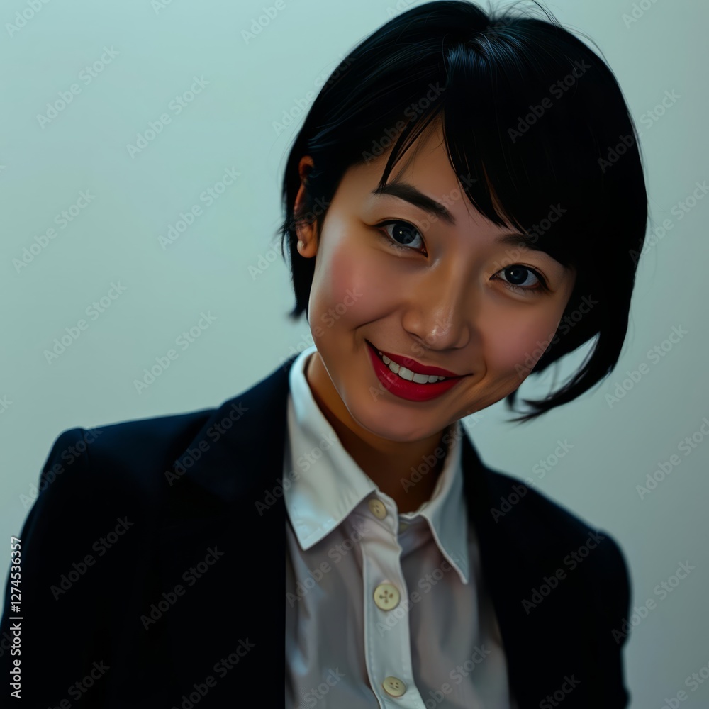 Front-facing portrait of an east asian woman with short black hair smiling at the camera she is wearing a blazer over a button-up shirt her makeup is natural and her demeanor is both professional East Front-facing portrait of an east asian woman with short black hair smiling at the camera she is wearing a blazer over a button-up shirt her makeup is natural and her demeanor is both professional East
