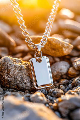 Silver necklace pendant on stones outdoors photo