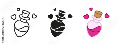 Love potion icon. Romance elixir bottle symbol. Valentine magic vector illustration. Pink spell bottle with hearts sign. Red flask with liquid pictogram. Love magic concept.