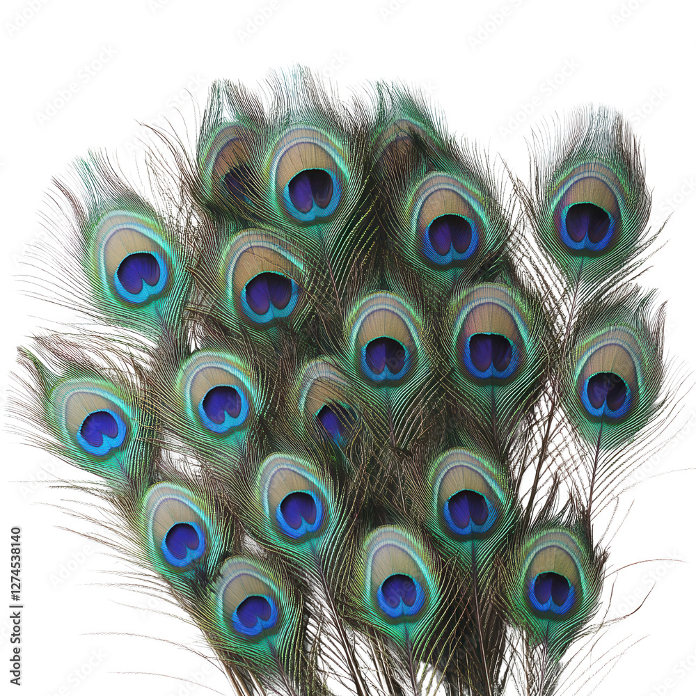 Fototapeta premium Elevated peacock feather arrangement in jewel tones on Transparent background