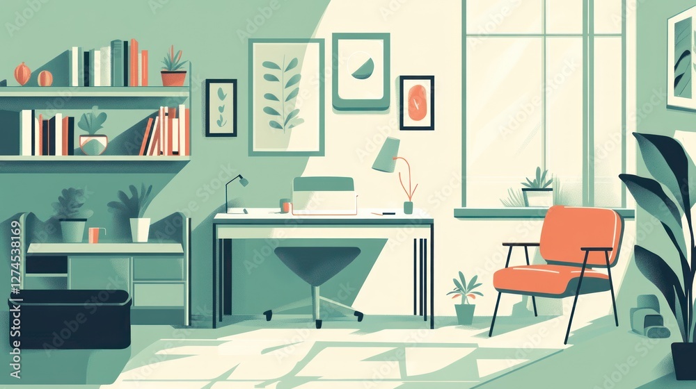 Modern home office interior design, minimalist style, sunlight through window, illustration, photorealistic, for digital products, marketing materials Modern home office interior design, minimalist style, sunlight through window, illustration, photorealistic, for digital products, marketing materials