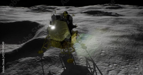 A lunar lander rests on the moons surface, surrounded by rugged terrain.