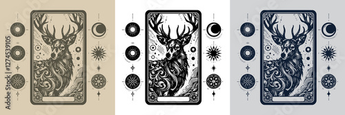 cosmic deer vector playing card tattoo design