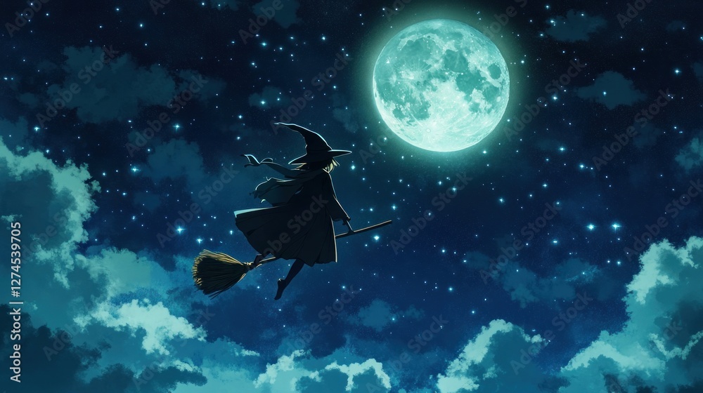 Night Flight of a Young Witch Underneath a Magical Moon Night Flight of a Young Witch Underneath a Magical Moon