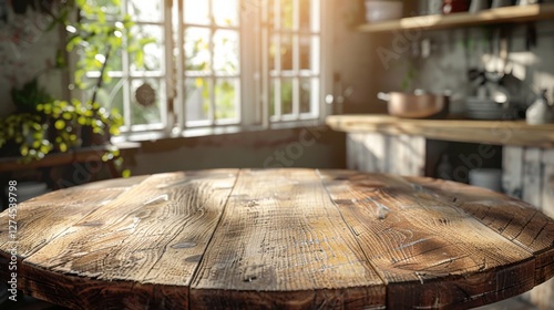 Clean kitchen interior with a round wood countertop, perfect for product montages or banners