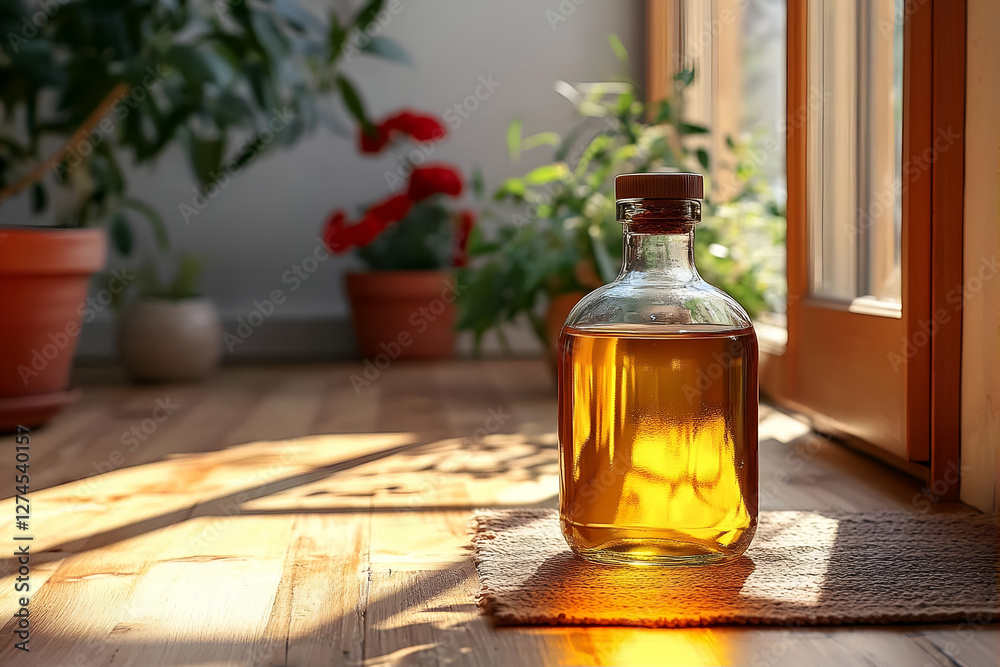 Bottle of oil on wooden floor near window with plants. Possible use Stock photo for healthy living or cooking Bottle of oil on wooden floor near window with plants. Possible use Stock photo for healthy living or cooking