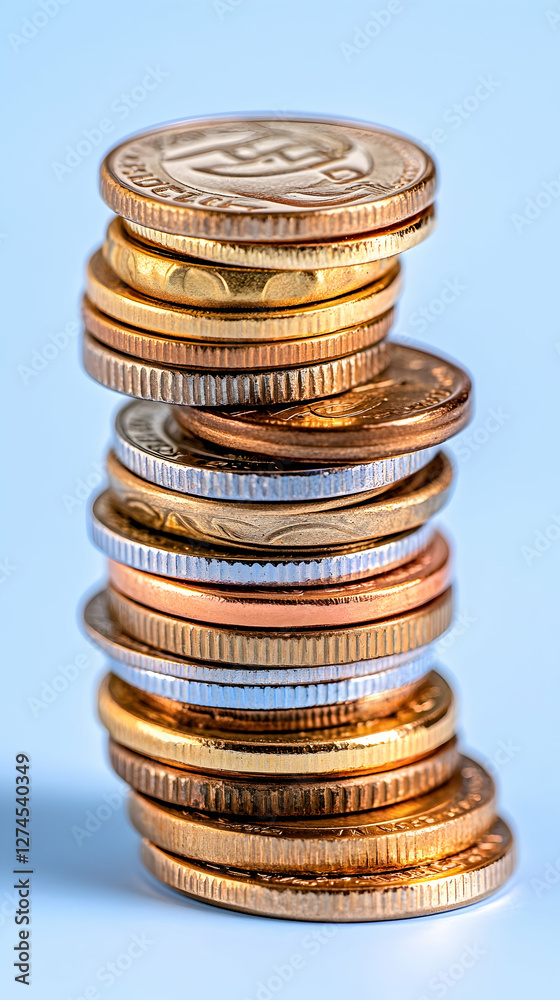 Stacked Coins on Light Blue Background Stacked Coins on Light Blue Background