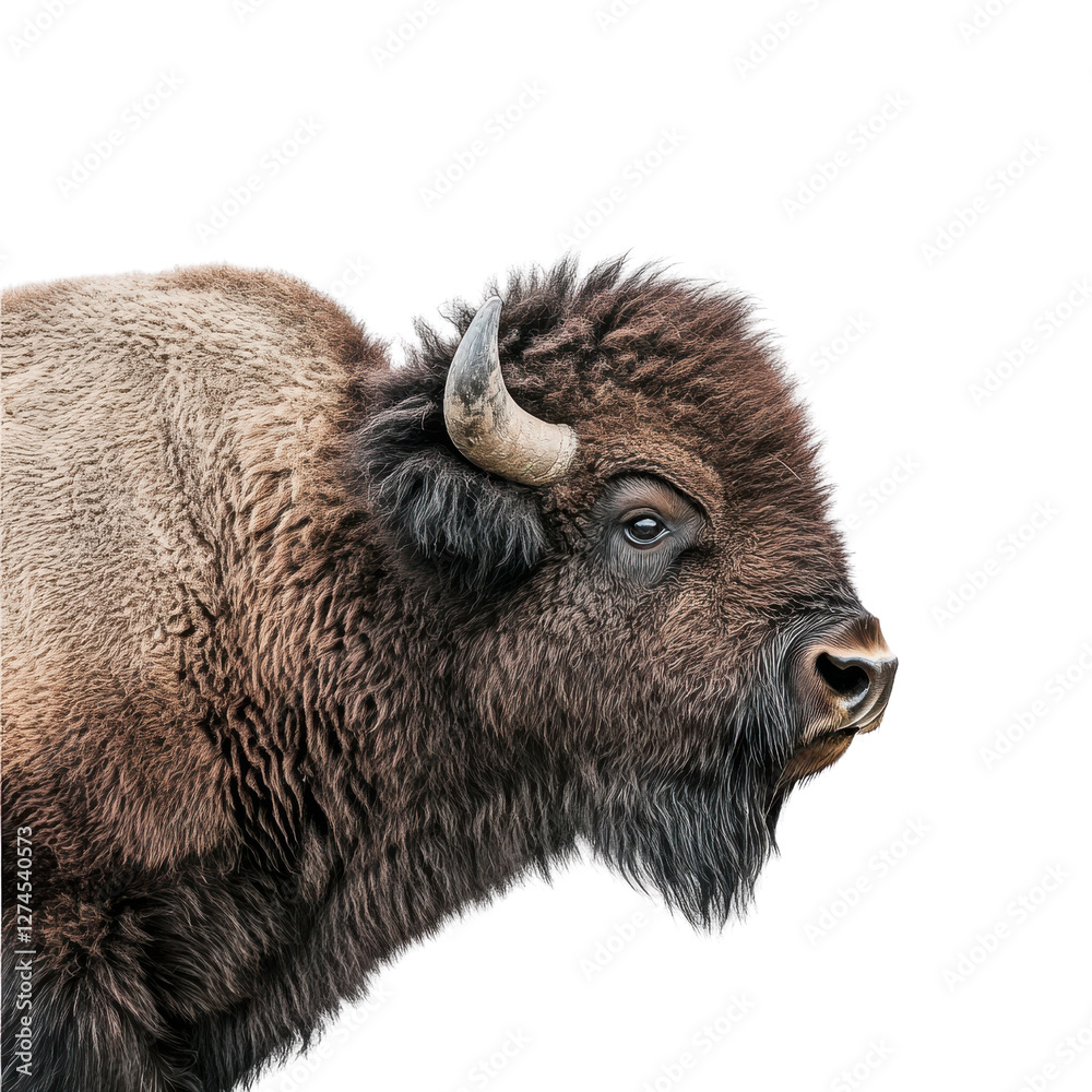Fototapeta premium Isolated adult bison bull in studio portrait with fur texture on Transparent background