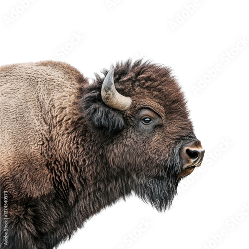 Isolated adult bison bull in studio portrait with fur texture on Transparent background