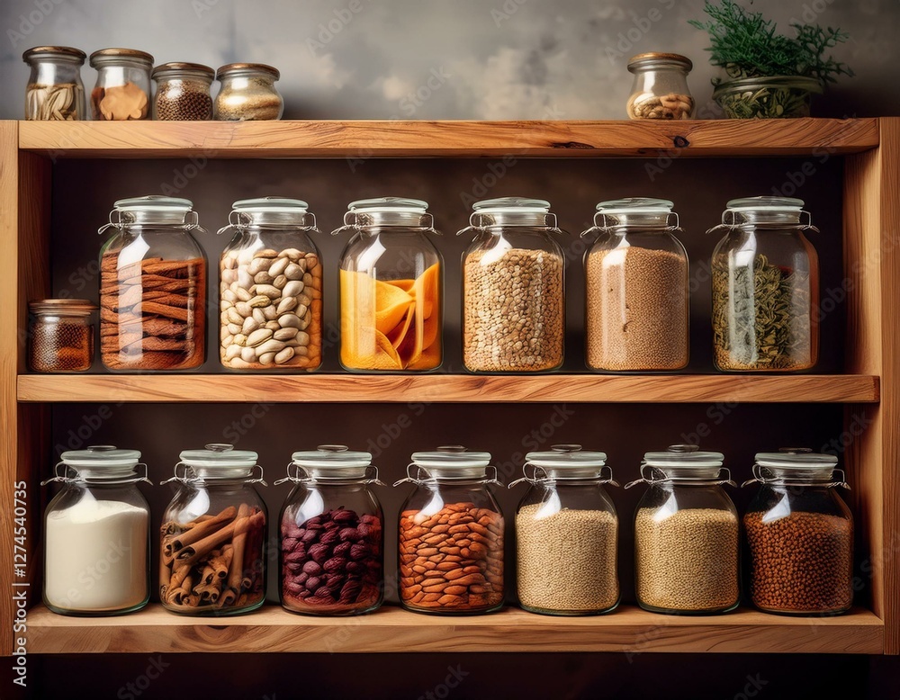 A neatly arranged wooden shelf filled with glass jars containing dried beans, grains, and spices, promoting zero-waste and sustainable storage. A neatly arranged wooden shelf filled with glass jars containing dried beans, grains, and spices, promoting zero-waste and sustainable storage.