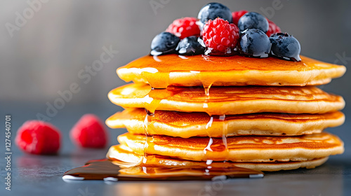 Stacked pancakes topped with berries and syrup on a dark surface. Delicious breakfast photo