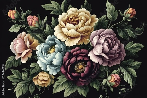 Elegant illustration featuring a rich black background adorned with a vibrant floral design.