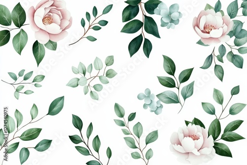 Collection of botanical drawings featuring peonies and eucalyptus leaves.