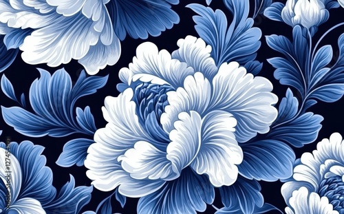 Timeless vintage illustration of flowers and leaves in blue shades.