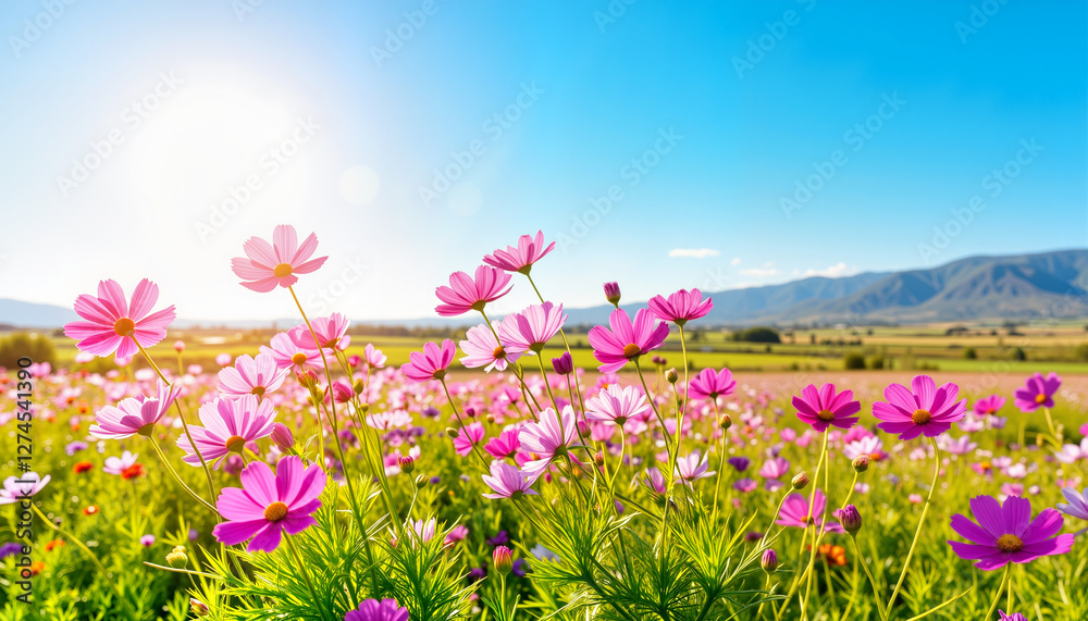 Vibrant pink flowers blooming in sunny field Vibrant pink flowers blooming in sunny field