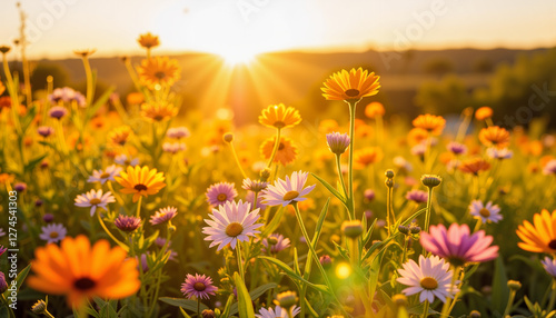 Vibrant flowers blooming at sunset in a field