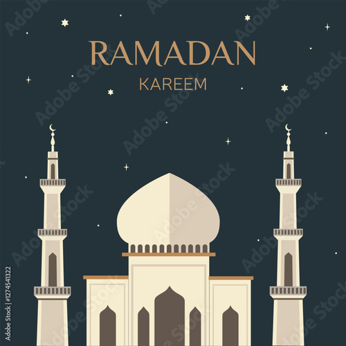 Elegant Ramadan Kareem illustration with mosque, minarets, and night sky. Perfect for Islamic celebrations.