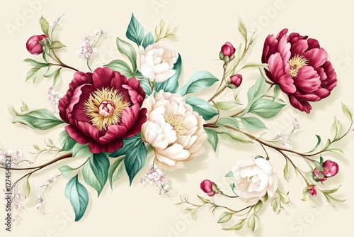 Elegant watercolor floral pattern featuring peony flowers.