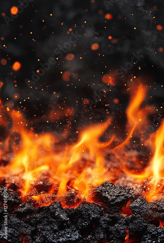 A close-up of a scorching, empty barbecue grill with a bright fire, ember charcoal, and smoke in front of a black background. Ready for your food