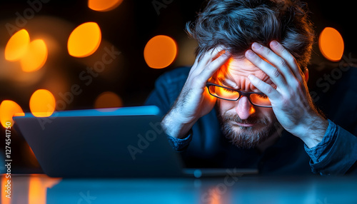 Stressed man with laptop at night.  Possible use Stock photo for stress, work, technology