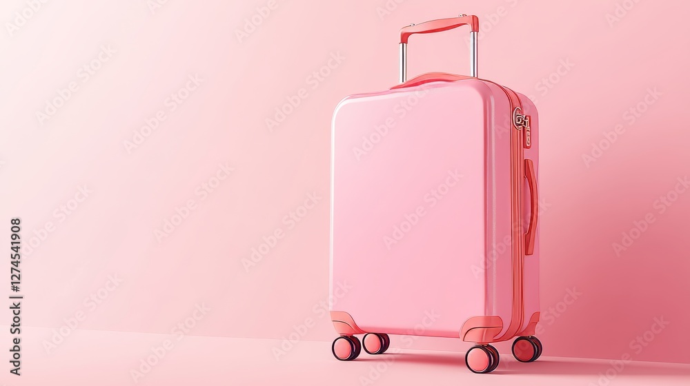 A 3D illustration of a pink suitcase shown at an angle, featuring wheels and a telescopic handle. Perfect for stylish and modern travel or luggage visuals. A 3D illustration of a pink suitcase shown at an angle, featuring wheels and a telescopic handle. Perfect for stylish and modern travel or luggage visuals.