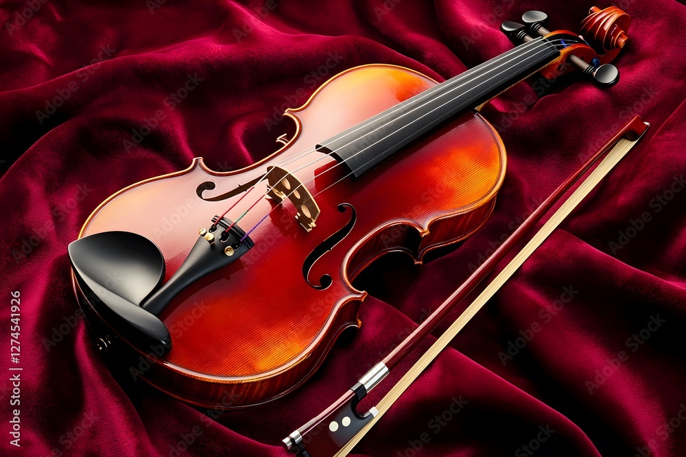 Fototapeta premium violin, classical violin, musical instrument, elegant violin, vintage violin, wooden violin, glossy finish, violin bow, deep red fabric, velvet background