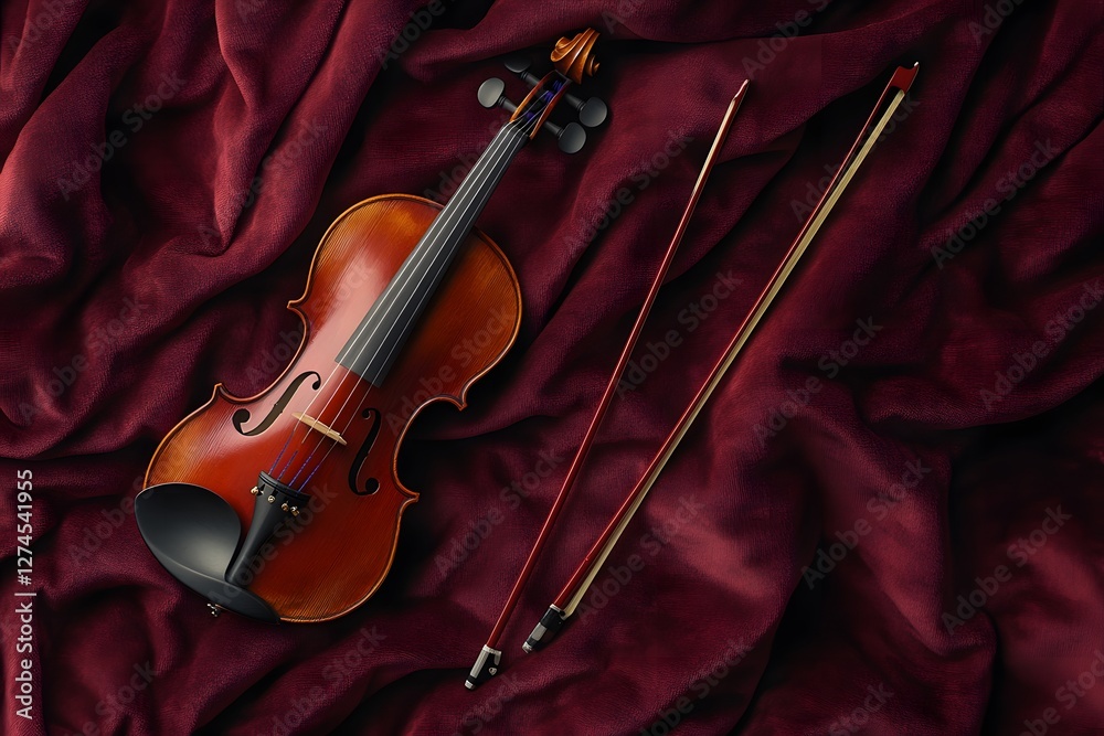 Fototapeta premium violin, classical violin, musical instrument, elegant violin, vintage violin, wooden violin, glossy finish, violin bow, deep red fabric, velvet background
