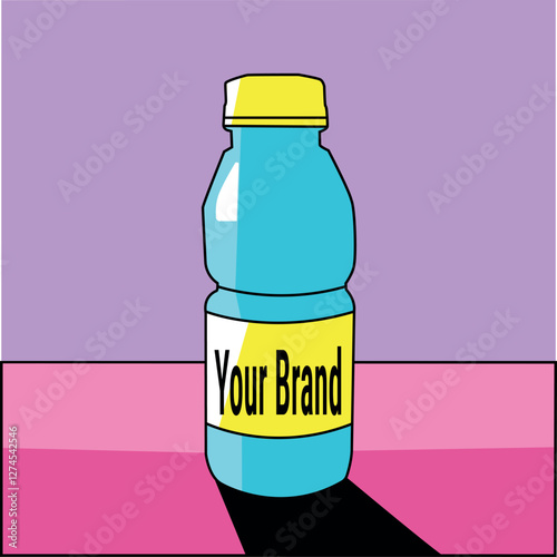 2d illustration vector bottle with yellow label and cap and purple background
