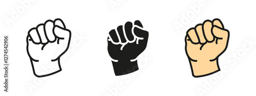 Fist icon. Strength and resistance gesture. Clenched hand vector illustration. Protest and revolution concept. Solidarity and activism symbol. Freedom and determination sign.