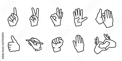 Hand gestures icon set. Various expressive finger signs. Communication and body language vector illustration. Victory and approval concept. Clapping, pointing and greeting symbol.