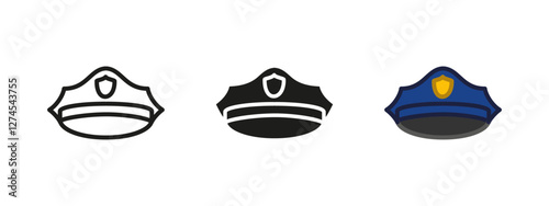 Policeman hat icon. Classic police officer uniform cap. Law enforcement headgear vector illustration. Security authority badge accessory. Professional patrol duty protection.