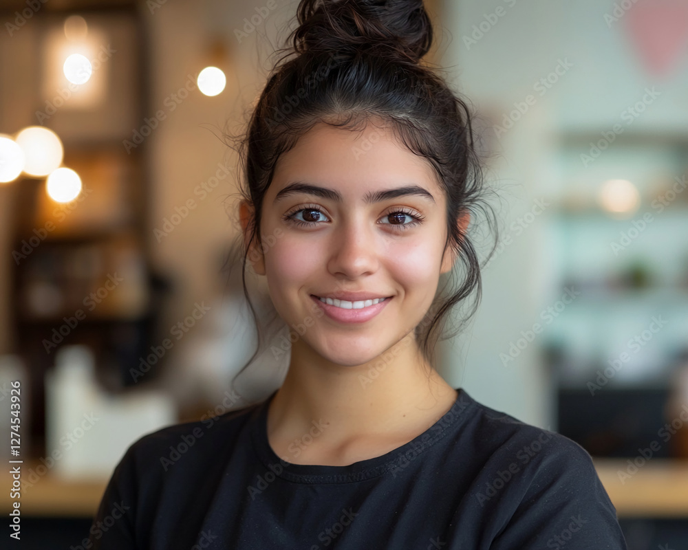Obraz premium Close-up portrait of a young smiling woman with brown eyes and dark hair in a bun, wearing a black t-shirt, with soft lighting in a cozy indoor environment, symbolizing positivity and warmth.