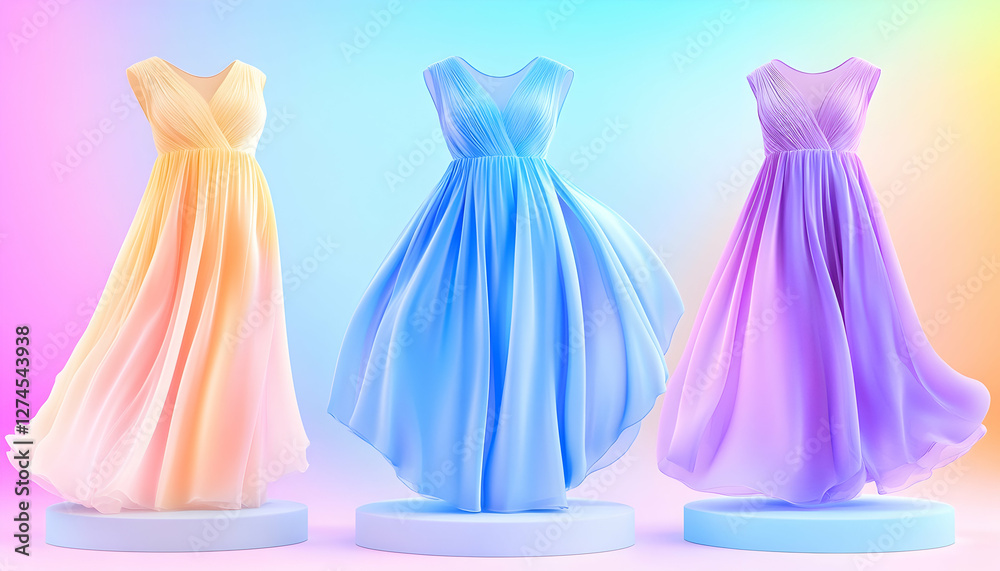 Obraz premium Three pastel colored flowing dresses on podiums. Fashionable display