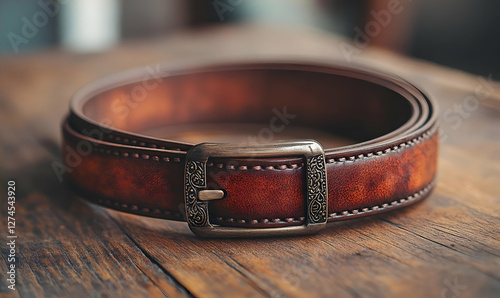 Brown leather belt on wooden table photo