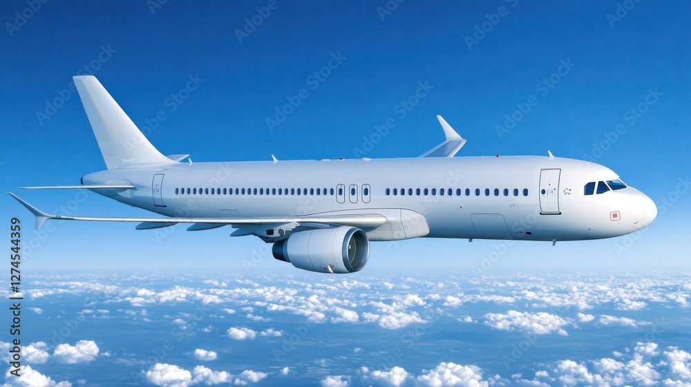 Obraz premium Airplane soaring above clouds in clear blue sky
