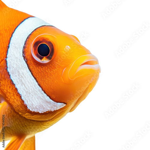 Isolated closeup image of a vibrant clownfish on white
