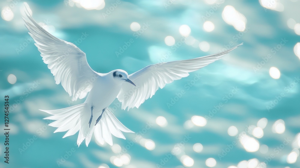 Obraz premium White bird in flight over turquoise water