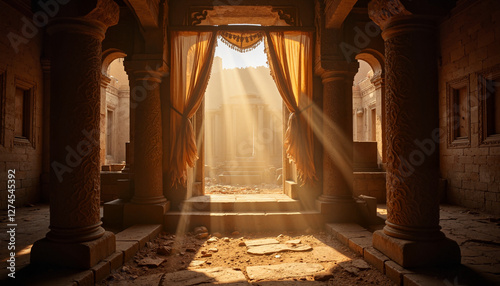 Sunlight filtering through curtains in ancient ruins