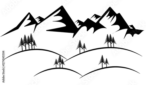 Mountain silhouette vector illustration. Black silhouette of mountains peaks landscape banner panorama illustration.
