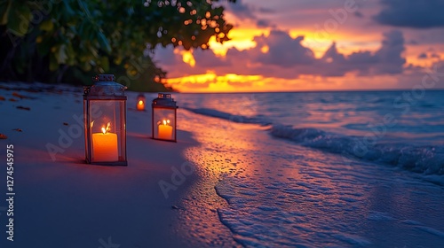 Fototapeta Naklejka Na Ścianę i Meble -  Lanterns glowing on beach at sunset high resolution hd picture