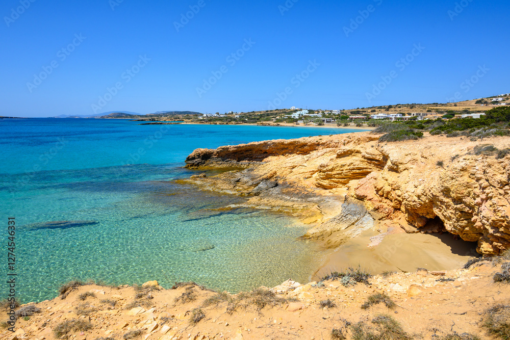 Koufonisia Fanos beach with clear water and rock formations. The south of Koufonisi. Small Cyclades, Greece