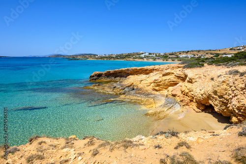Obraz na płótnie Koufonisia Fanos beach with clear water and rock formations. The south of Koufonisi. Small Cyclades, Greece w salonie