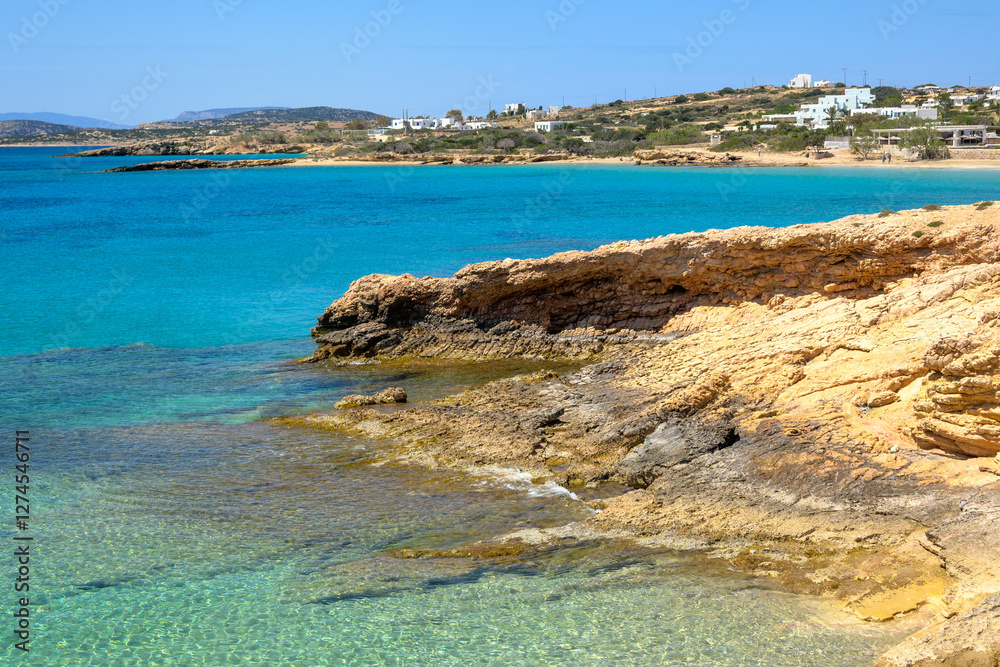 Koufonisia Fanos beach with clear water and rock formations. The south of Koufonisi. Small Cyclades, Greece