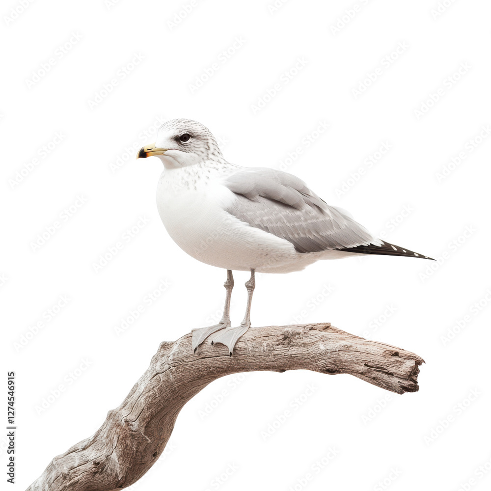 Singular seagull perched on branch in serene setting Singular seagull perched on branch in serene setting