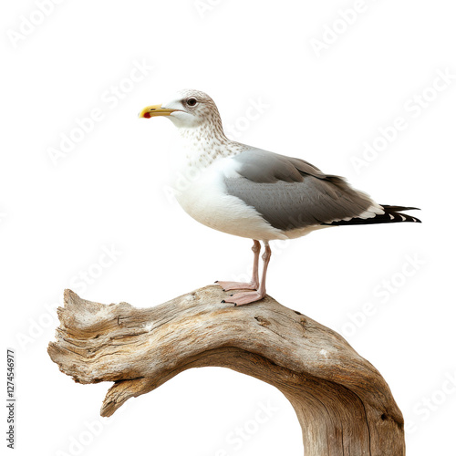 Singular seagull perched on branch in serene setting