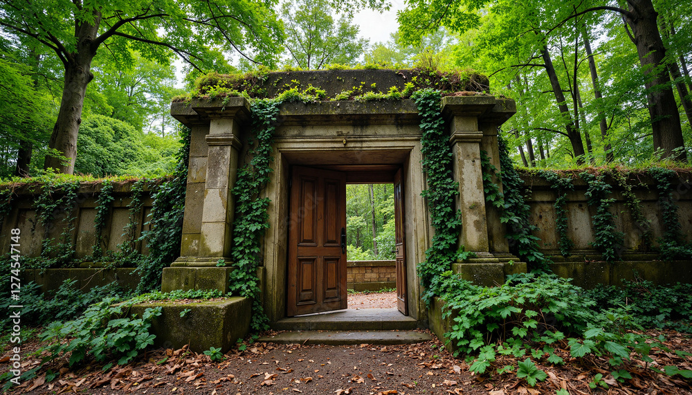Abandoned stone doorway surrounded by lush green foliage Abandoned stone doorway surrounded by lush green foliage