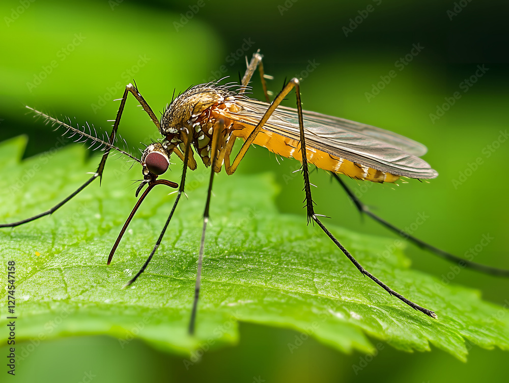 Close-up of mosquito on green leaf, Mosquito perched on vibrant green leaf Close-up of mosquito on green leaf, Mosquito perched on vibrant green leaf