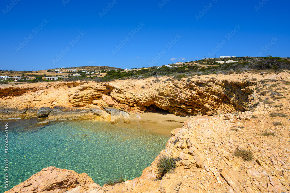 Koufonisia Fanos beach with clear water and rock formations. The south of Koufonisi. Small Cyclades, Greece