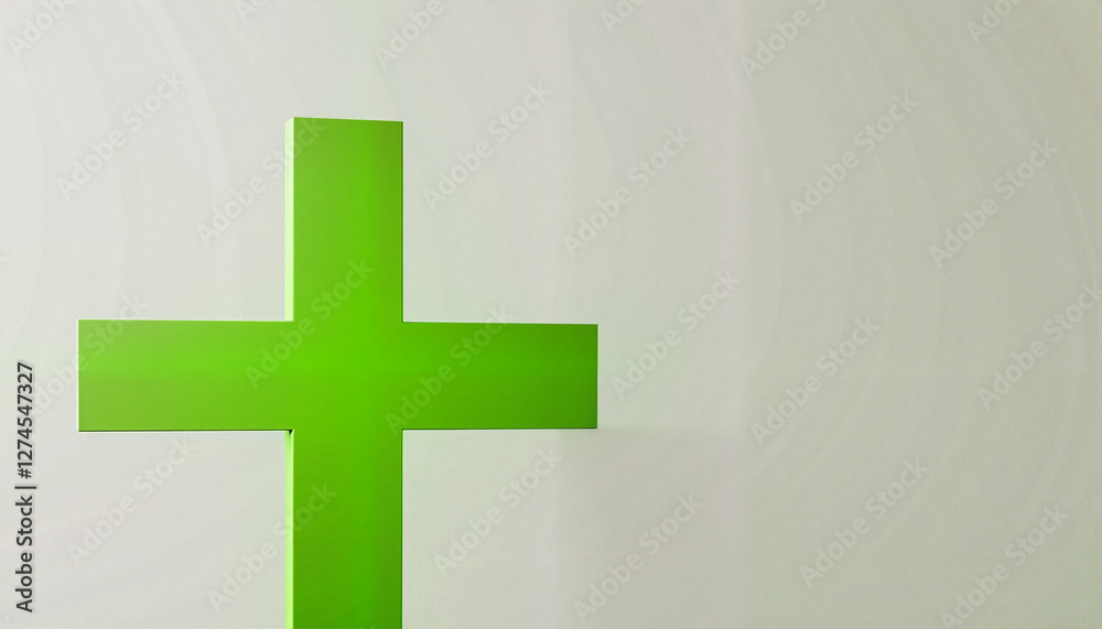 Obraz premium Bold green cross minimalist design on light backdrop, modern symbolism